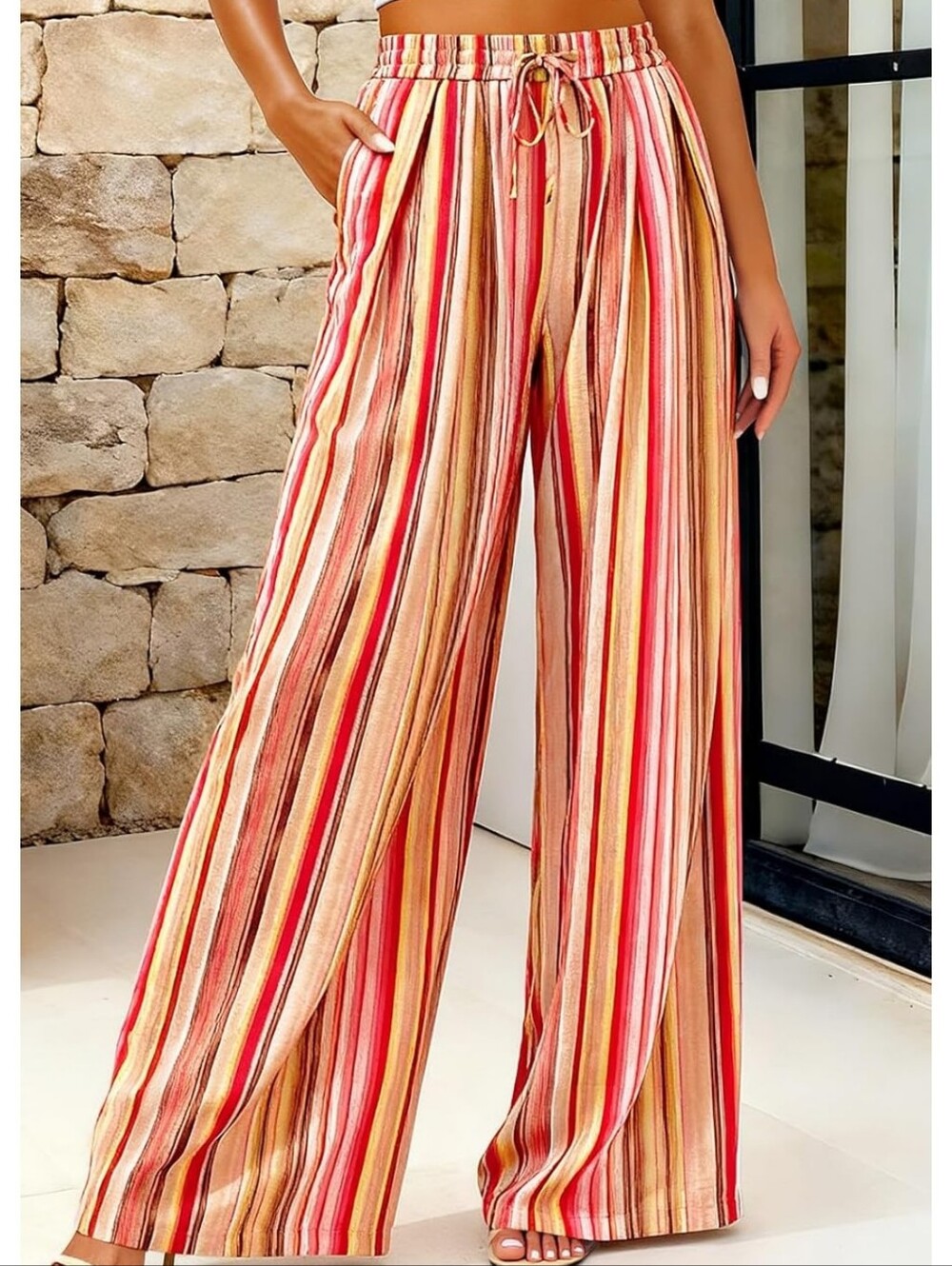 Striped Wide-Leg High-Rise Pants - Red & Cream